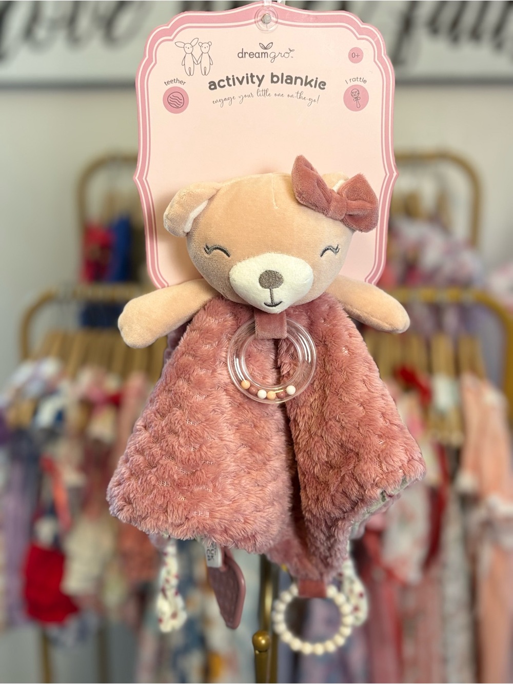 Dreamgro Pink Plush Bear Activity Blankie with Teether Ring